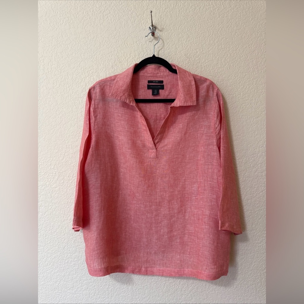 Tahari Women’s Linen Tunic Side Button 3/4 Sleeve Pullover Shirt Sz 1X Coral